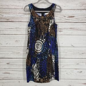 Dress Barn Women's Blue Brown Print Beaded Sleeveless Sheath Dress Size 8